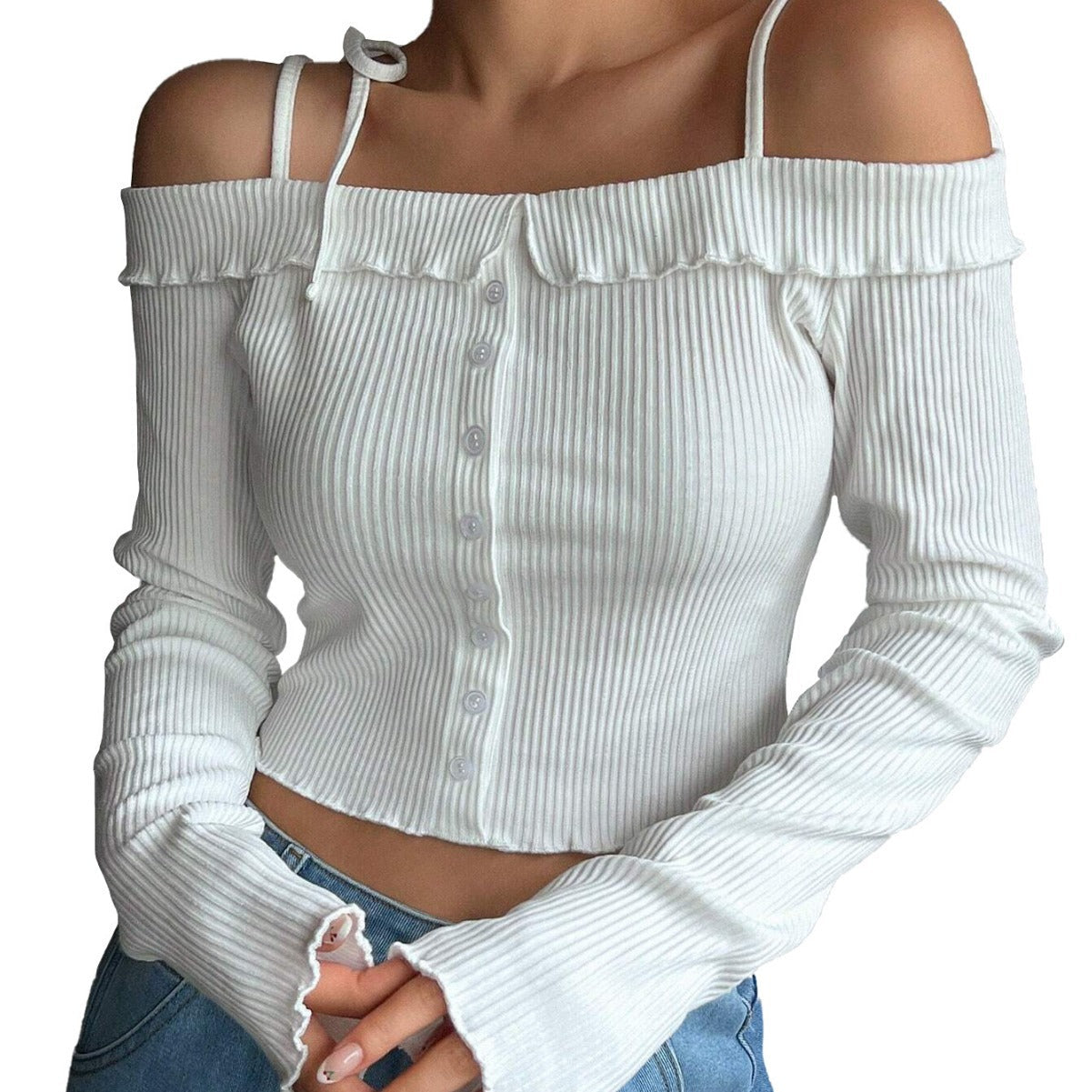Damen Cropped Off-Shoulder Rüschendetails