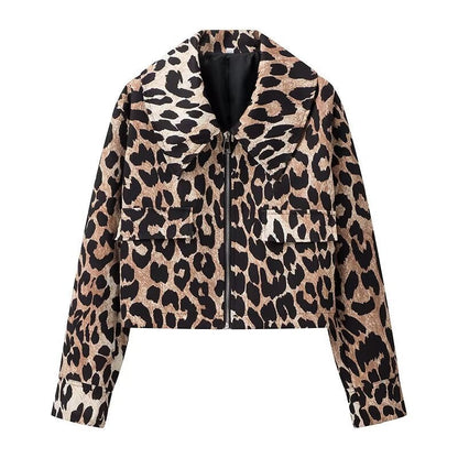 Damen Leopardenjacke Kurz Urban Stil mit Taschen