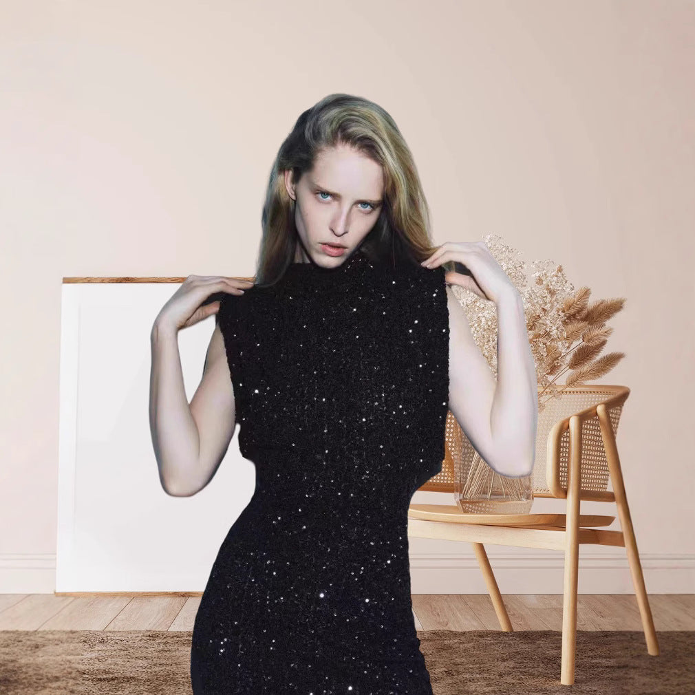 Damen Cocktailkleid Pailletten Hochgeschlossener Stehkragen Eveloria - Eveloria