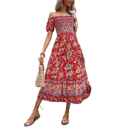 Damen Maxikleid Off-Shoulder Elastisch Floralmuster Eveloria