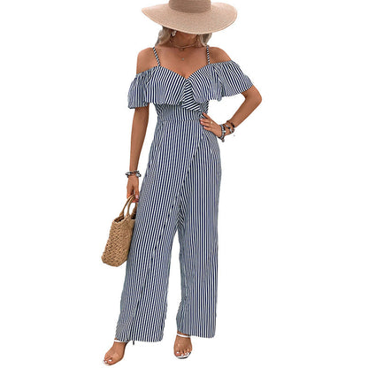Damen Jumpsuit Schulterfrei Gestreift Eveloria