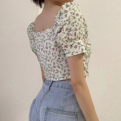 Damen Crop- Puffärmel Floralmuster