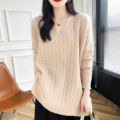 Damen Pullover V-Ausschnitt Lässig Zopfmuster Beige