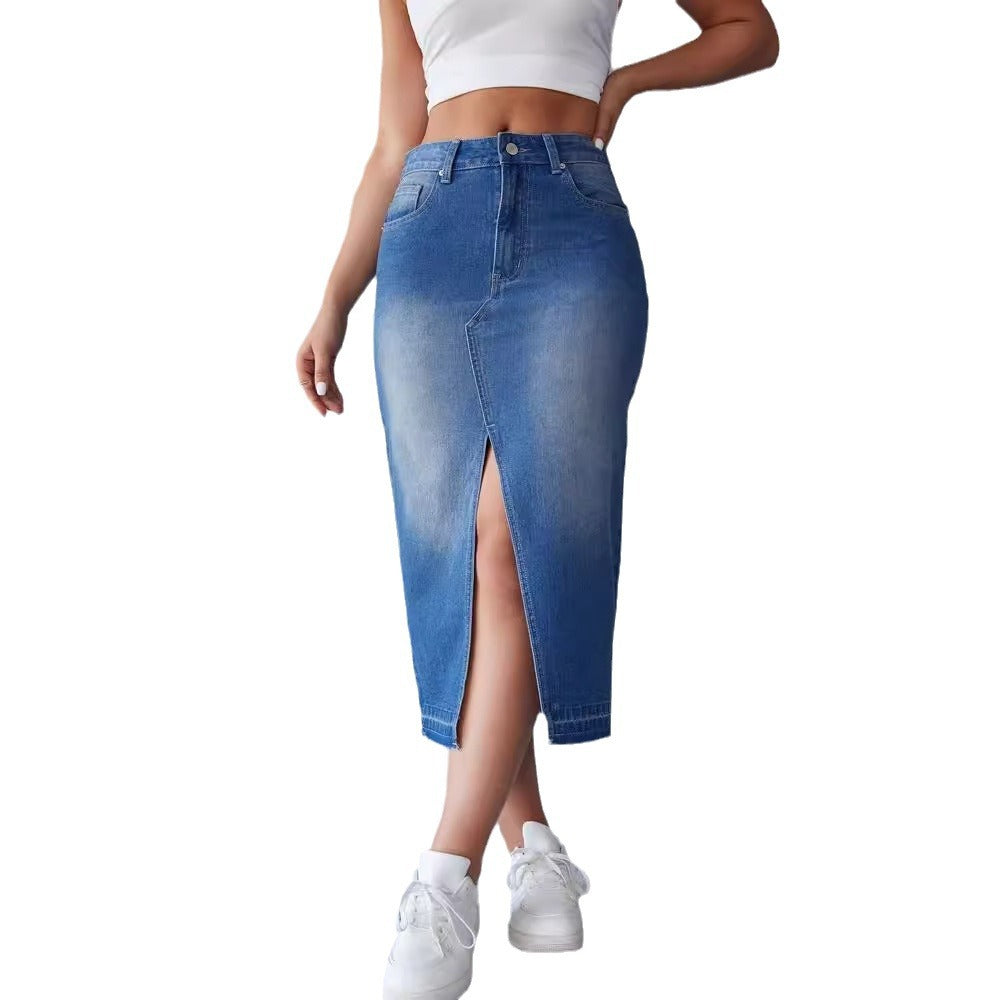 Damen Maxi Denimrock Mit Seitlichem Schlitz Blau