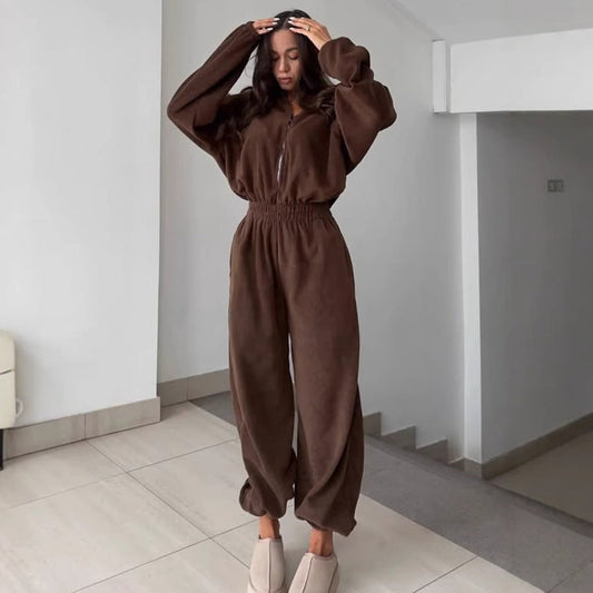 Damen Fleece-Jogginganzug mit Halb-Reißverschluss und elastischem - Eveloria