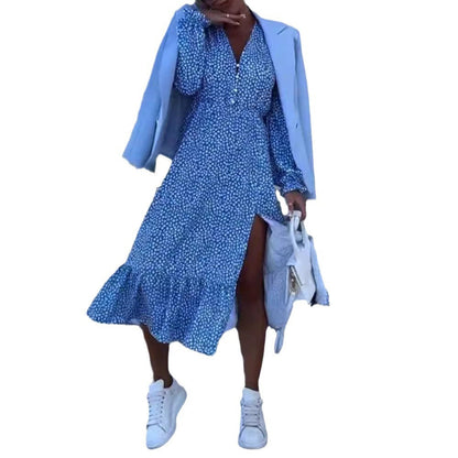 Damen Wickelkleid Floralmuster Volant Knöpfe