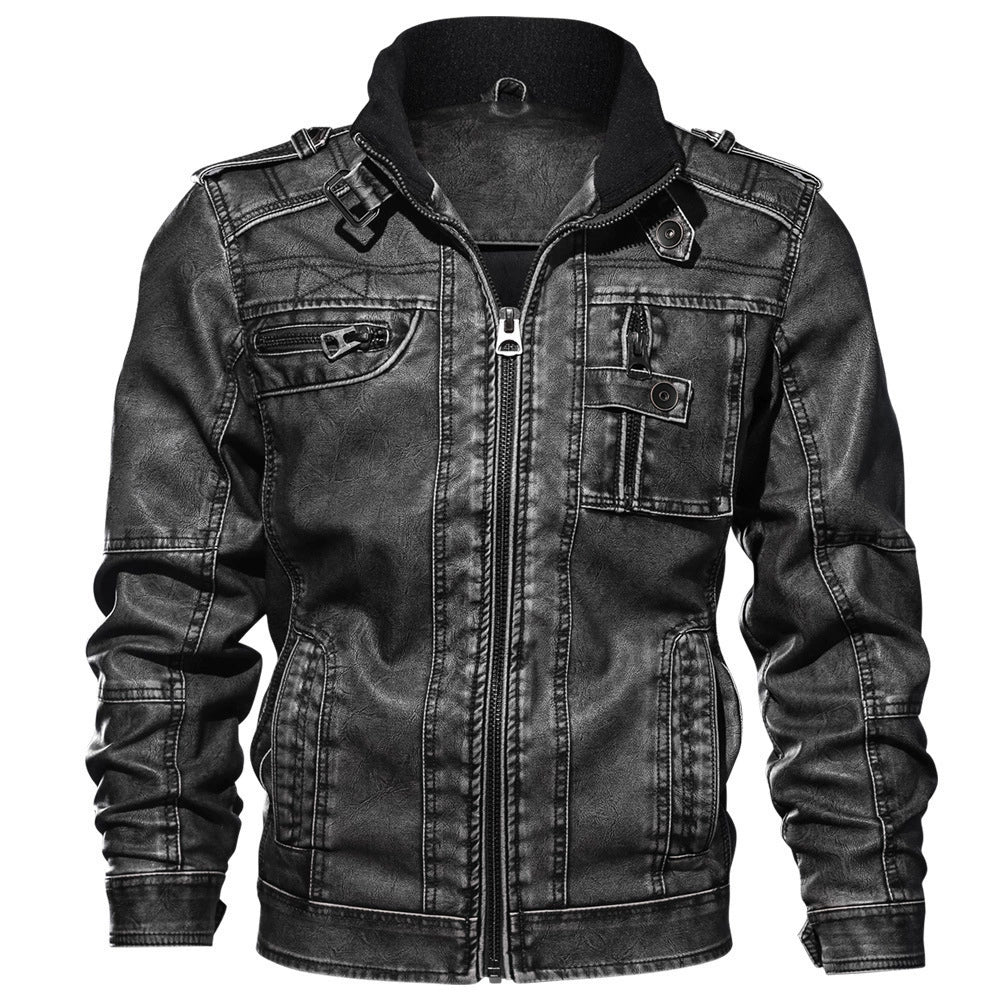 Herren Lederjacke Slim Fit Stehkragen Reißverschluss Multi-Taschen - Eveloria