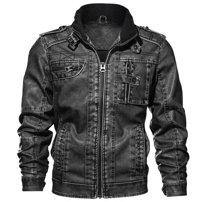 Herren Lederjacke Slim Fit Stehkragen Reißverschluss Multi-Taschen - Eveloria