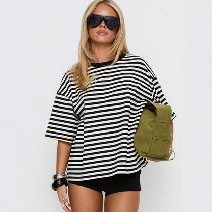 Damen T-Shirt Gestreift Rundhals locker Eveloria