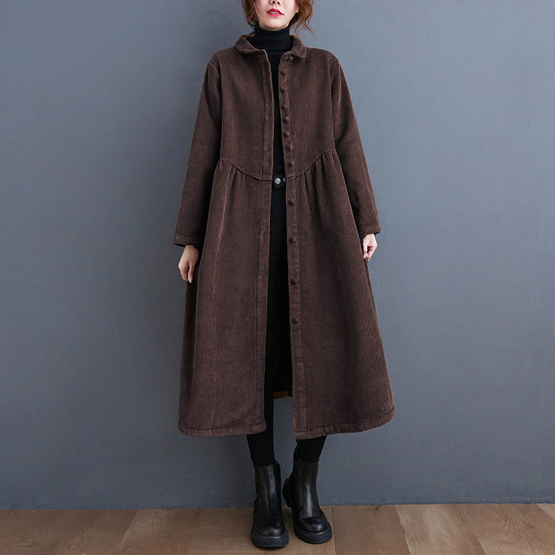 Damen Corduroy Mantel A-Linie Midi-Länge mit Knopfverschluss Braun
