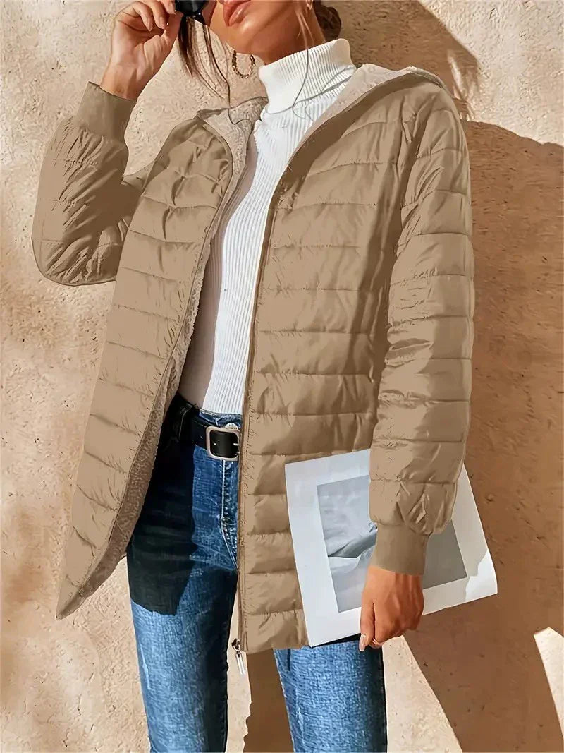 Damen Pufferjacke Mittellang Wattiert Mit Kapuze Plüschfutter