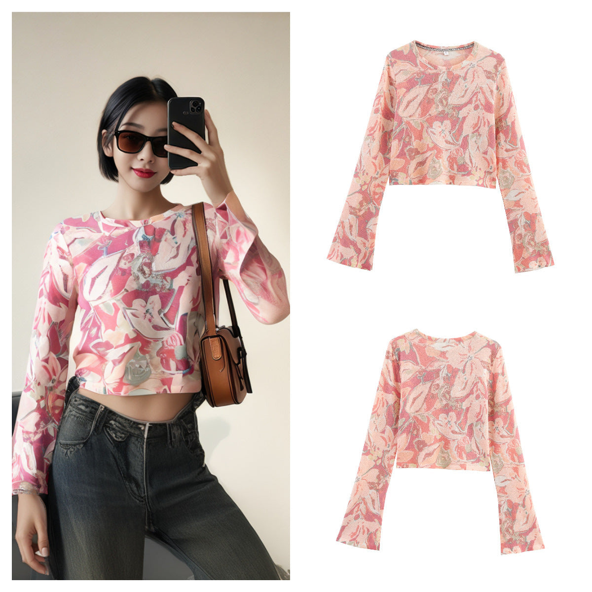 Damen Crop- Floralmuster Weite Ärmel Eveloria - Eveloria