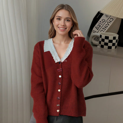Damen Strickcardigan Rüschen Knöpfe Beige
