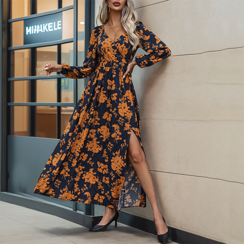 Damen Maxikleid Floralmuster Seitenschlitz