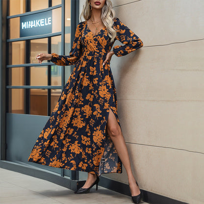 Damen Maxikleid Floralmuster Seitenschlitz