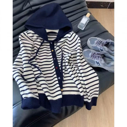 Damen Strickjacke Kapuze Gestreift Eveloria