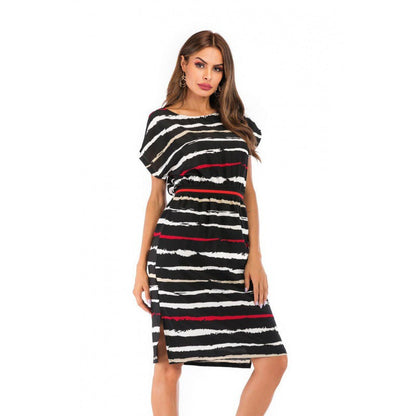 Damen Midi-Kleid Elastischer Bund Streifenmuster Eveloria