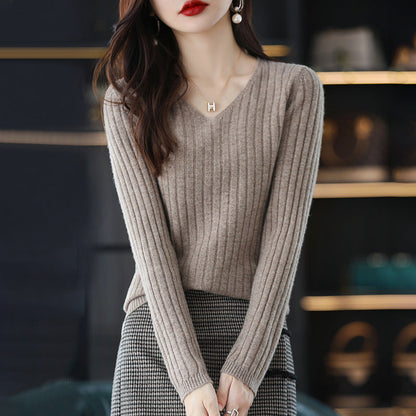 Damen Strickpullover V-Ausschnitt Feine Rippenstruktur Eveloria