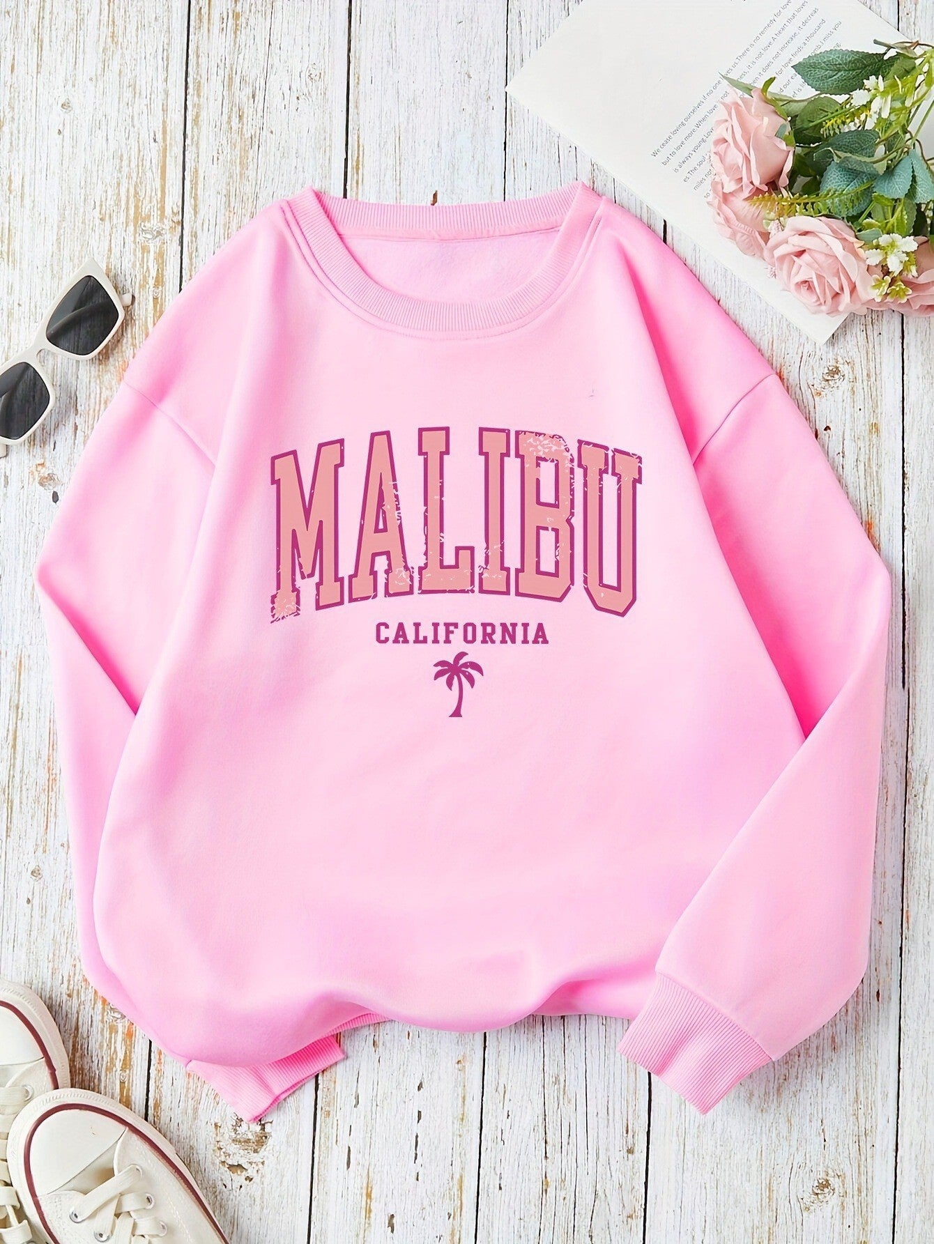 Damen Sweatshirt Malibu Schriftzug Lässiger Schnitt Eveloria