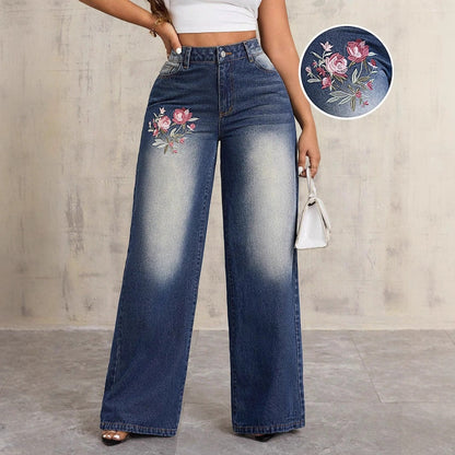Damen Weite Jeans Blumenstickerei Eveloria - Eveloria