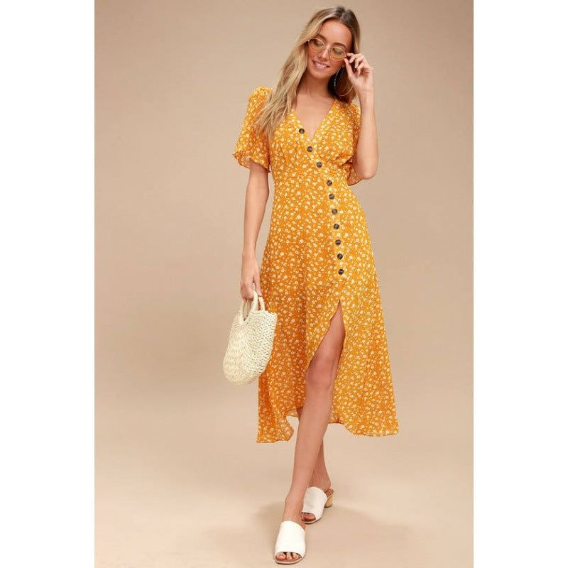 Damen Maxikleid Floralmuster Lässiger Knopfverschluss
