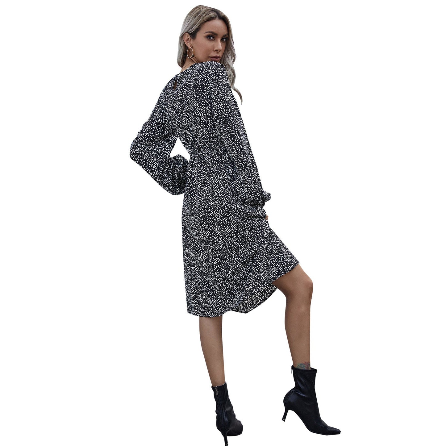 Damen Midikleid mit langen Puffärmeln Elastisches Taillenband