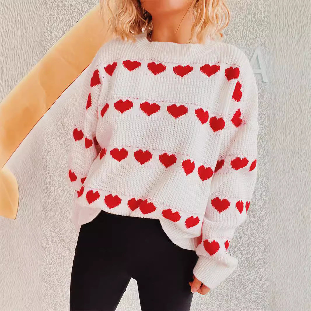 Damen Pullover Romantisches Herzmuster Kuschelfleece