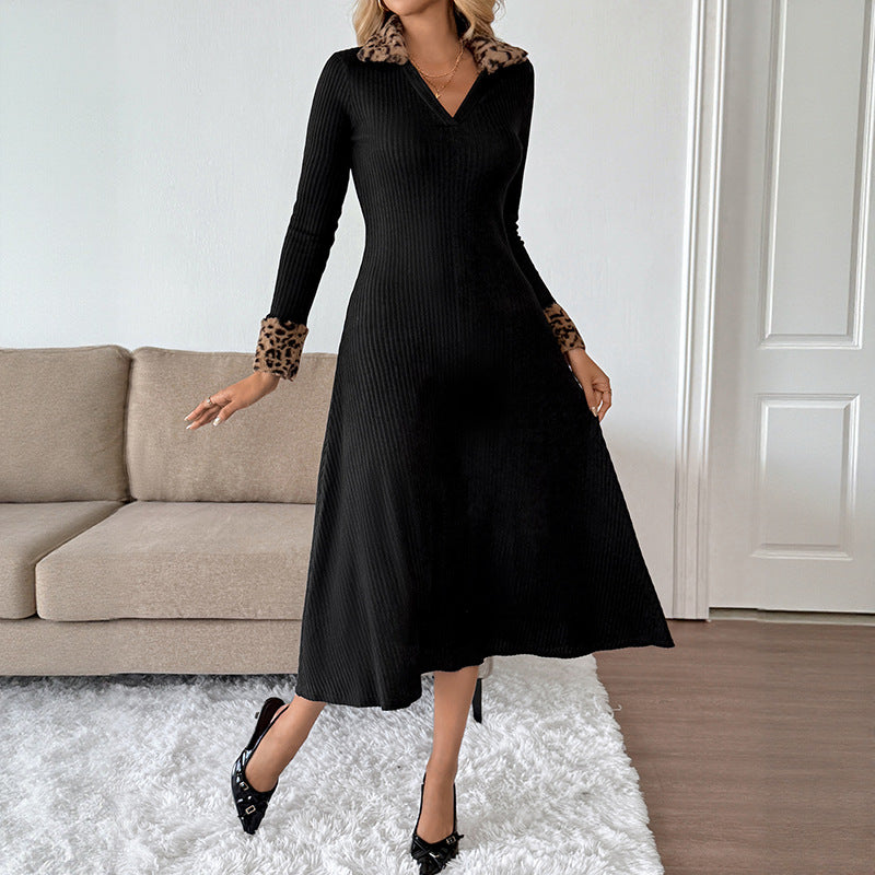 Damen Maxikleid Tiermuster Kragen Tailliert Schwarz Eveloria - Eveloria