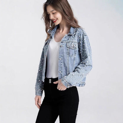 Damen Denimjacke Perlenverzierungen Blau Eveloria