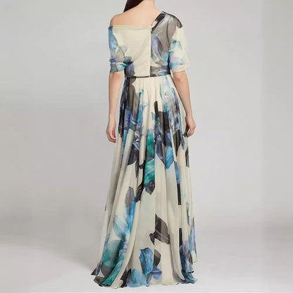 Damen Chiffon-Kleid Schulterfrei Floralmuster Eveloria