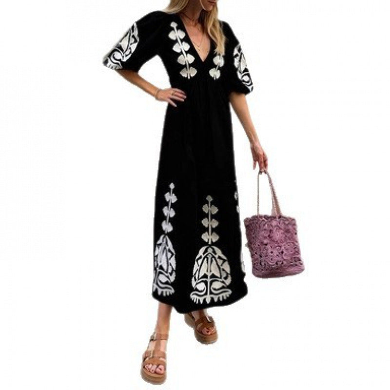 Damen Midikleid Florales Stickdesign Luftige Puffärmel
