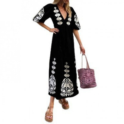 Damen Midikleid Florales Stickdesign Luftige Puffärmel