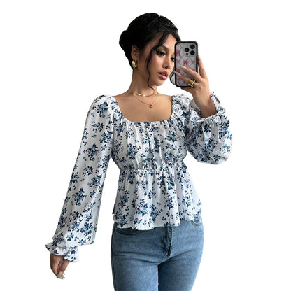 Damen Bluse Floralmuster Voluminöse Ärmel Eveloria