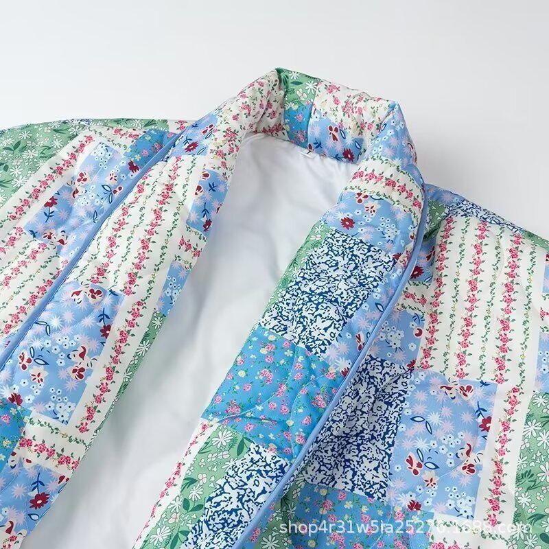 Damen Steppjacke Patchwork Floralmuster mit Seitentaschen