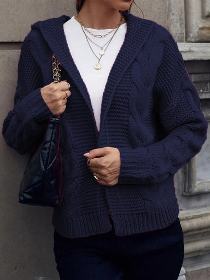 Damen Cardigan Grobstrick Kapuze Zopfmuster Beige