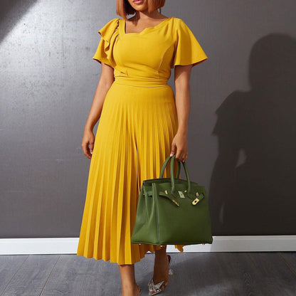 Damen Plisseekleid V-Ausschnitt Rüschen Elegant Eveloria
