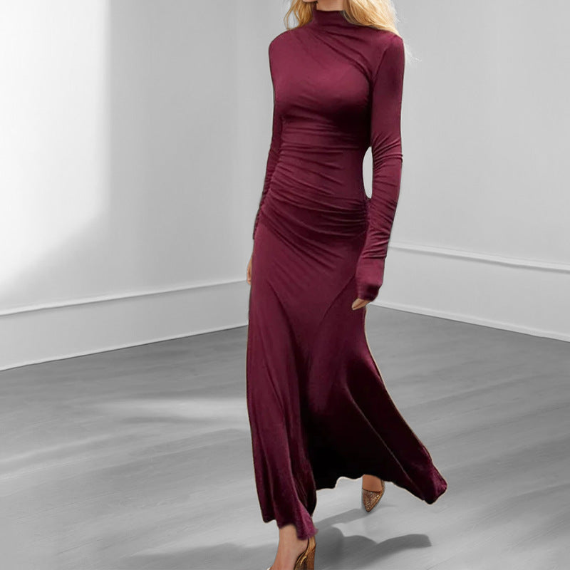 Damen Maxikleid Langarm Figurformend Elegant Rollkragen