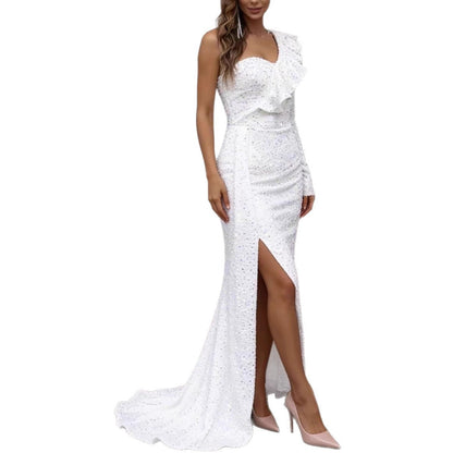 Damen Abendkleid Asymmetrisch Pailletten Eveloria