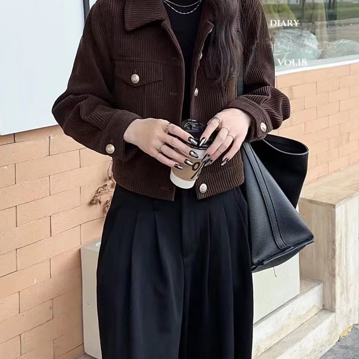 Damen Kordjacke Dekorative Knöpfe Braun Eveloria - Eveloria