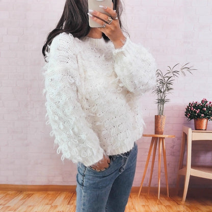 Damen Strickpullover Kuschelig Struktur Oberfläche Beige Eveloria
