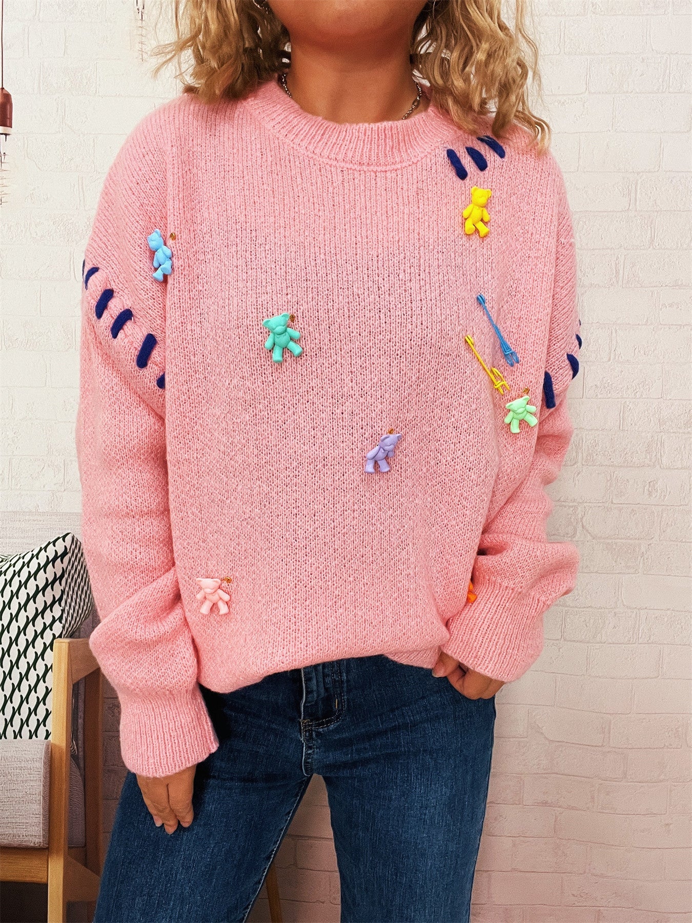 Damen Pullover Bunte Applikationen Weite Passform