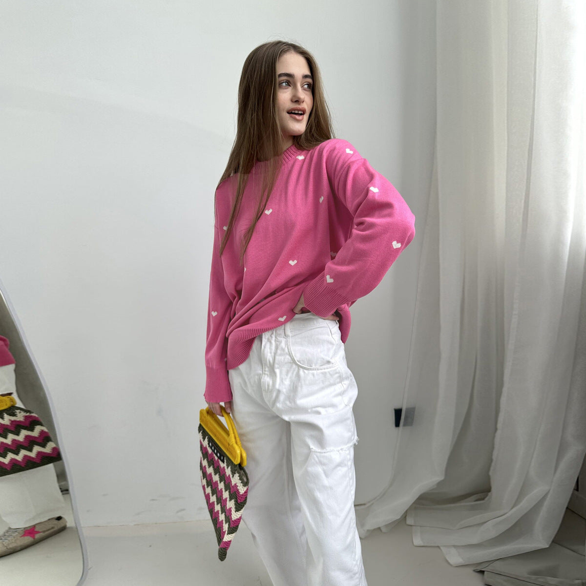 Damen Oversized Pullover Herzmuster Eveloria