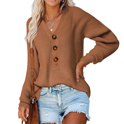 Damen Pullover V-Ausschnitt Holzknöpfe Eveloria