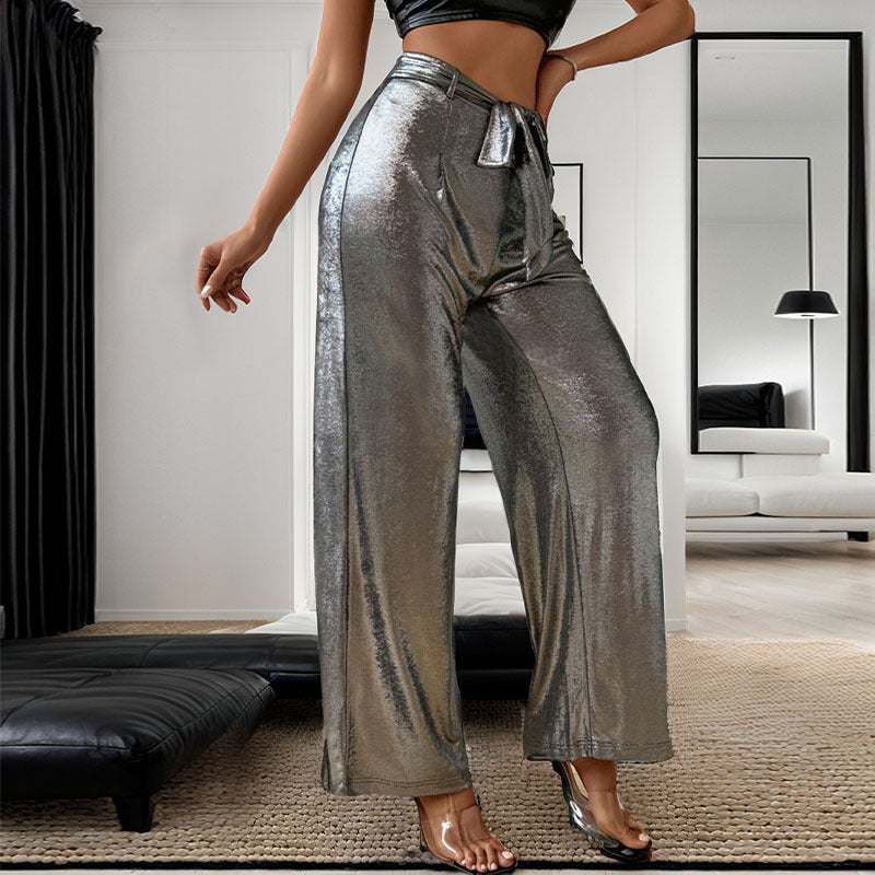 Damen Palazzo-Hose Glänzend Hochtaillierter Bund Dekorativer Gürtel