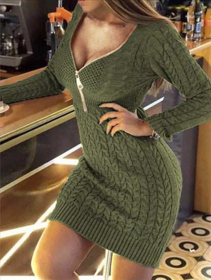 Damen Strickkleid Reißverschluss Zopfmuster Eveloria