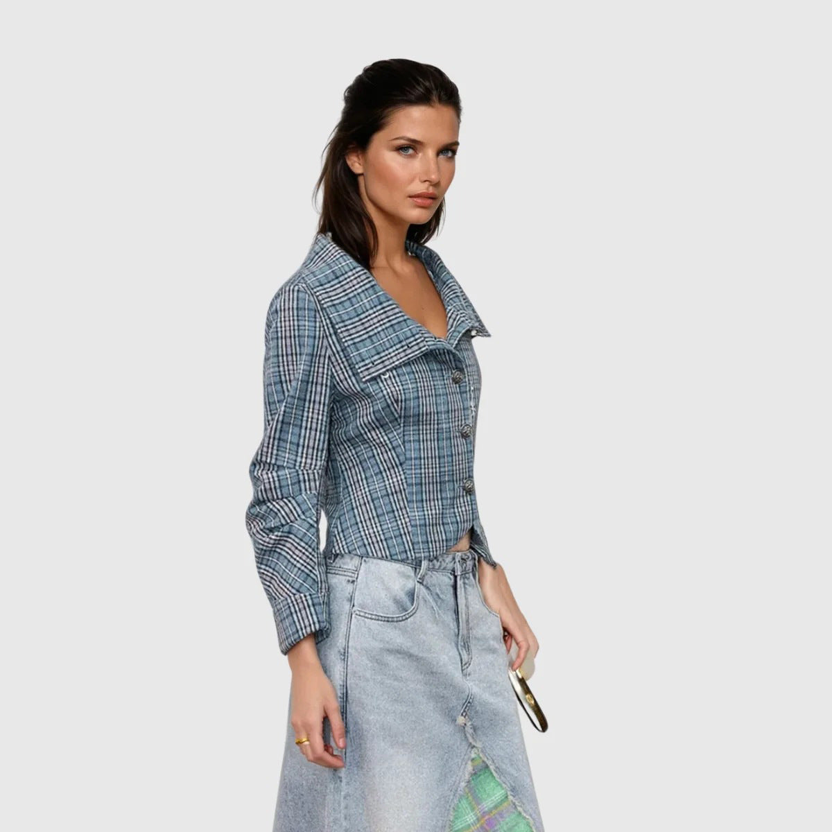 Damen Kurzjacke Kariert Mit Knöpfen Eveloria - Eveloria
