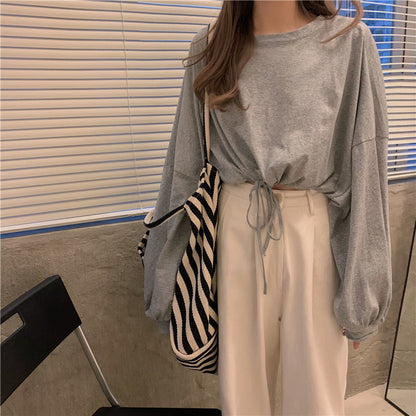 Damen Cropped Sweatshirt Oversized Ärmel Kordelzug Grau - Eveloria