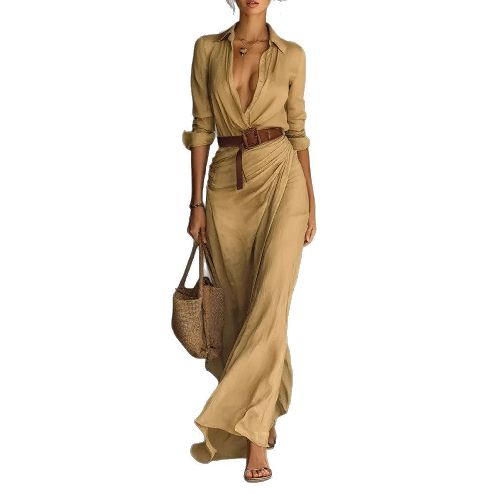 Damen Maxikleid Klassischer Hemdkragen Seidenstoff