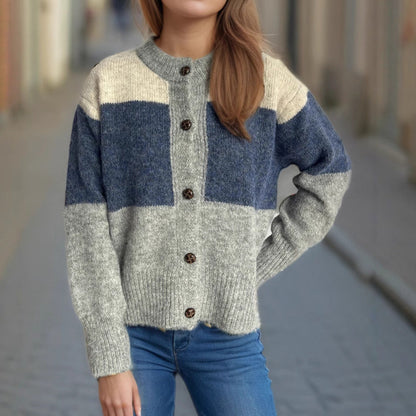 Damen Strickjacke Kuschellig Farbblockdesign Dekorative Knöpfe Beige