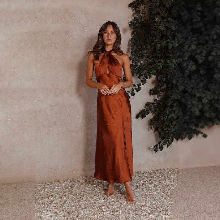 Damen Maxikleid Halterneck Schimmerstoff Seitenschlitz